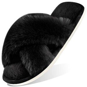 Women's Fuzzy Slippers Cross Band Memory Foam